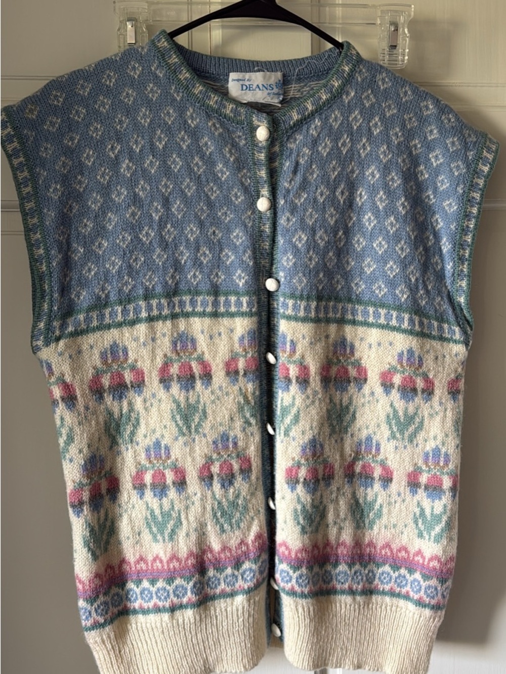 DEANS Floral Fair Isle Knit Button Front Vest in Blue and Cream